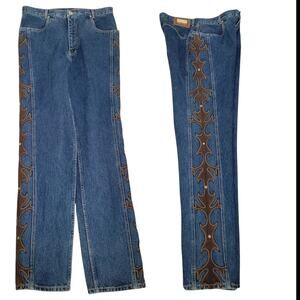 Vintage Lawman Jeans 32x33 Blue Western‎ Leather Studded Pant Women Denim Tall